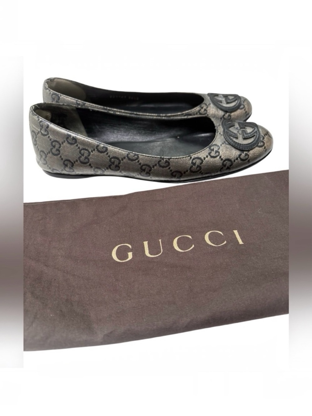 GUCCI Guccissima Metallic Pewter Ballet Flats GG Logo Size 36.5 with Dust Bag